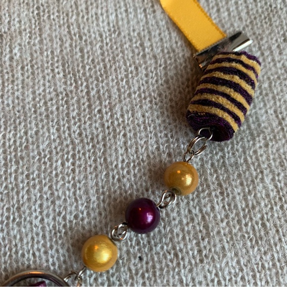 3x35$ 💀 Handmade - Skull short necklace - ruban bead feather -yellow purple - Picture 9 of 10